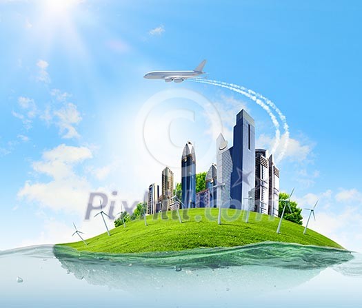 City on island floating in water. Global warming City on island floating in water. Global warming