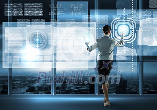 Image of businesswoman pushing icon on media screen Image of businesswoman pushing icon on media screen