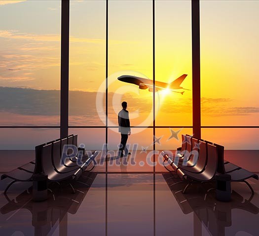 Businessman at airport looking at airplane taking off Businessman at airport looking at airplane taking off