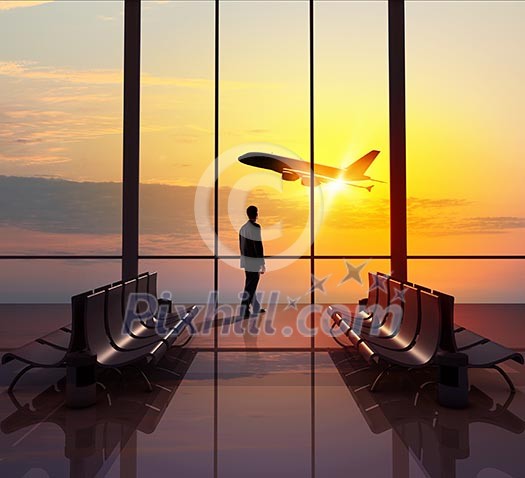 Businessman at airport looking at airplane taking off