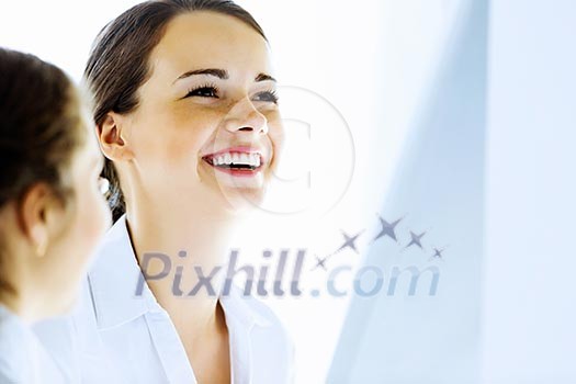 Image of happy smiling businesswoman. Success in business