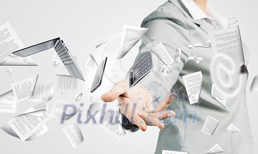 Businesswoman, secretary throwing devices. Office life concept