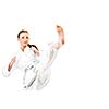 Beautiful caucasian, young, woman makes a kick in karate kimono on white background