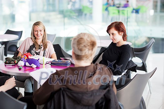 Group of college/university students during a brake between classes - chatting, comparing notes, having fun (shallow DOF; color toned image)