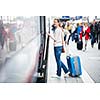 Pretty young woman boarding a train (color toned image)