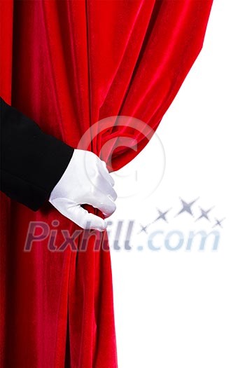 Close up of hand in white glove open the curtain. Place for text Close up of hand in white glove open the curtain. Place for text