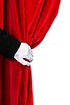 Close up of hand in white glove open the curtain. Place for text