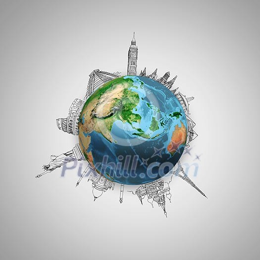 Earth planet on grey background with pencil sketches. Elements of this image are furnished by NASA Earth planet on grey background with pencil sketches. Elements of this image are furnished by NASA
