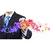 Businessman against white background drawing colorful splashes with marker