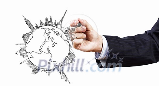 Close up of businessman drawing Earth planet Close up of businessman drawing Earth planet
