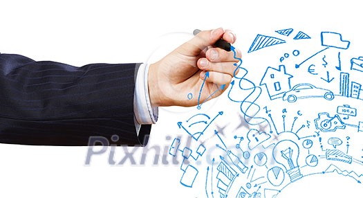 Close up of businessman hand drawing sketches Close up of businessman hand drawing sketches
