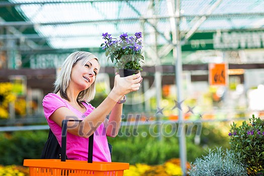 Young woman buying flowers at a garden center