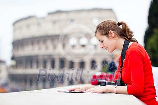 Portrait of a pretty, young, female tourist in Rome, Italy (with Colosseum in the background) Portrait of a pretty, young, female tourist in Rome, Italy (with Colosseum in the background)