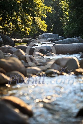 Mountain river in Restonica Valley, Corsica, France, lit by warm morning sunlight
