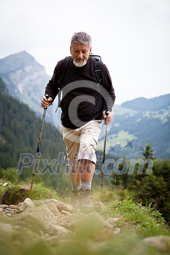 Active senior hiking in high mountains (Swiss Alps)