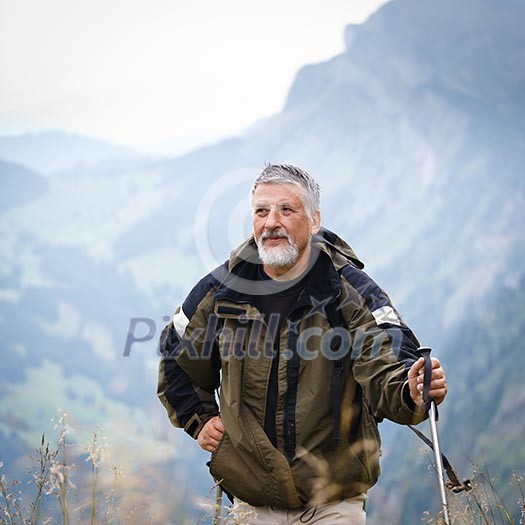 Active senior hiking in high mountains (Swiss Alps)