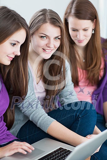 Female college students working on their homework/having a chat in between the lectures (color toned image)