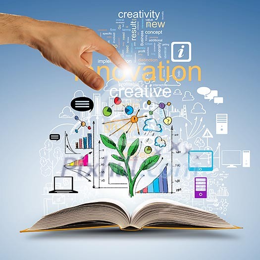 Opened book with business concept icons and hand making choice Opened book with business concept icons and hand making choice