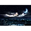 Young blond girl flying in night sky