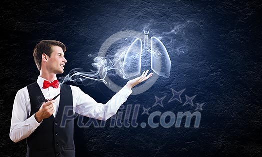 Conceptual image of young handsome man smoking pipe