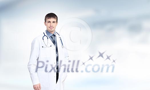 Young handsome doctor with stethoscope against white background Young handsome doctor with stethoscope against white background