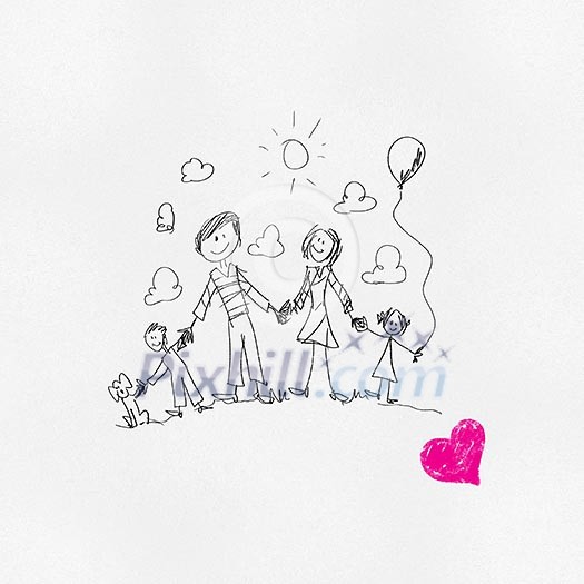 Sketch funny image of happy parents and children