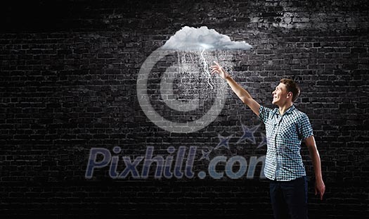 Young man touching illustration of raining cloud