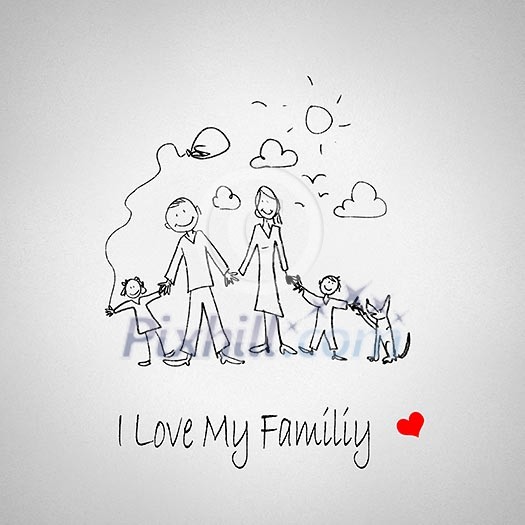 Sketch funny image of happy parents and children