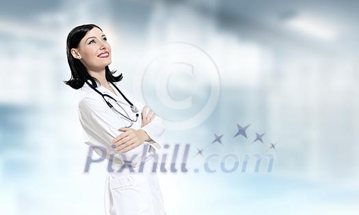 Young attractive woman doctor with stethoscope on neck Young attractive woman doctor with stethoscope on neck