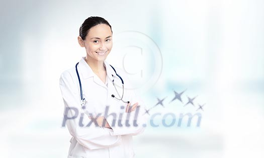 Young attractive woman doctor with stethoscope on neck