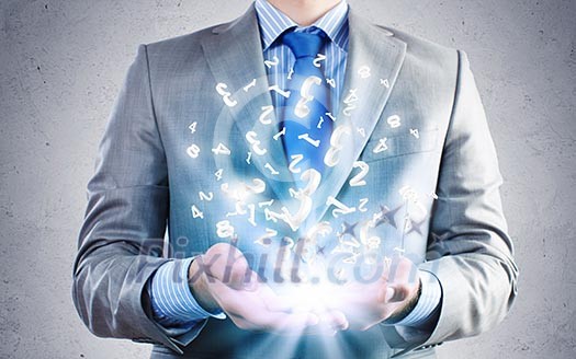 Close of businessman holding numerals in palms Close of businessman holding numerals in palms