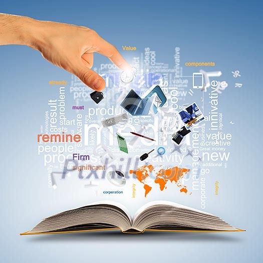Opened book with business concept icons and hand making choice Opened book with business concept icons and hand making choice