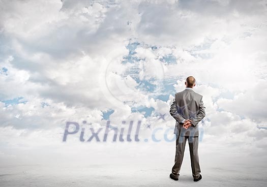 Back view of confident businessman looking in clear sky Back view of confident businessman looking in clear sky