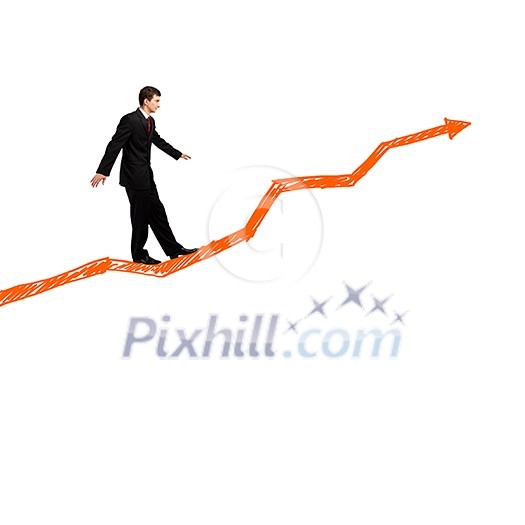 Risky businessman walking carefully on arrow graph Risky businessman walking carefully on arrow graph