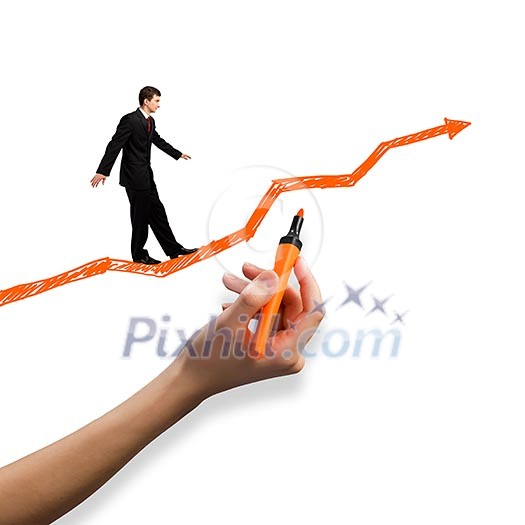 Risky businessman walking carefully on arrow graph