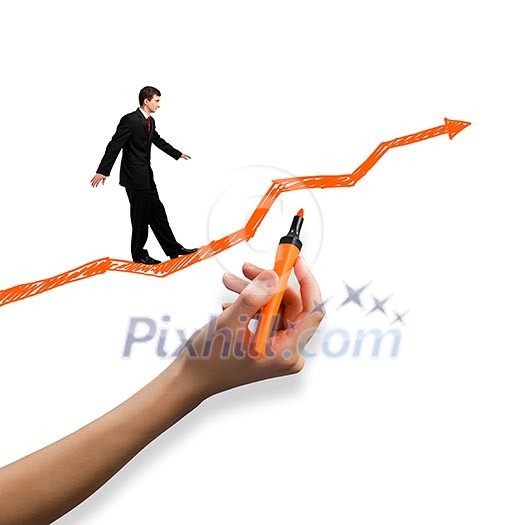 Risky businessman walking carefully on arrow graph Risky businessman walking carefully on arrow graph