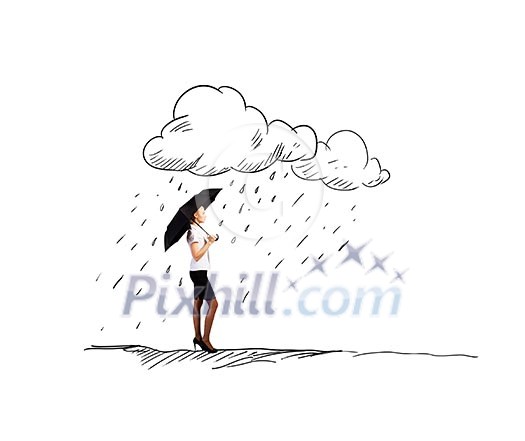 Businesswoman with umbrella under hand drawn rain Businesswoman with umbrella under hand drawn rain