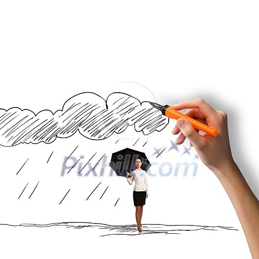 Businesswoman with umbrella under hand drawn rain Businesswoman with umbrella under hand drawn rain