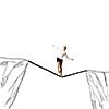 Young businesswoman walking on rope above mountain gap