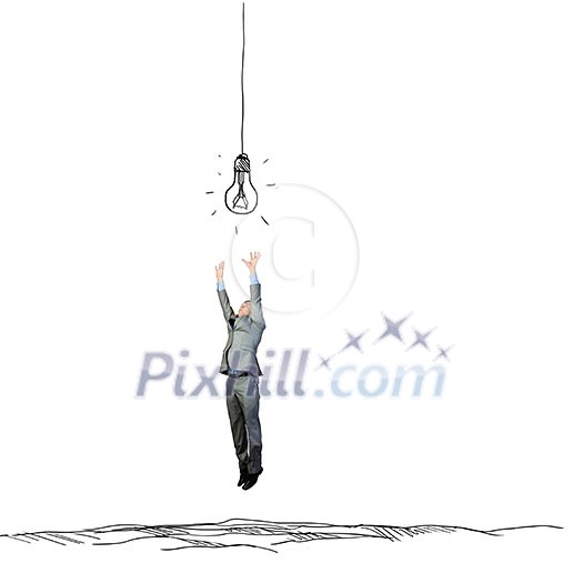 Young businessman jumping to catch drawn bulb. Idea concept