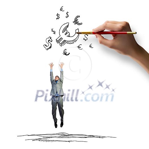 Young businessman jumping to catch euro symbols. Currency concept