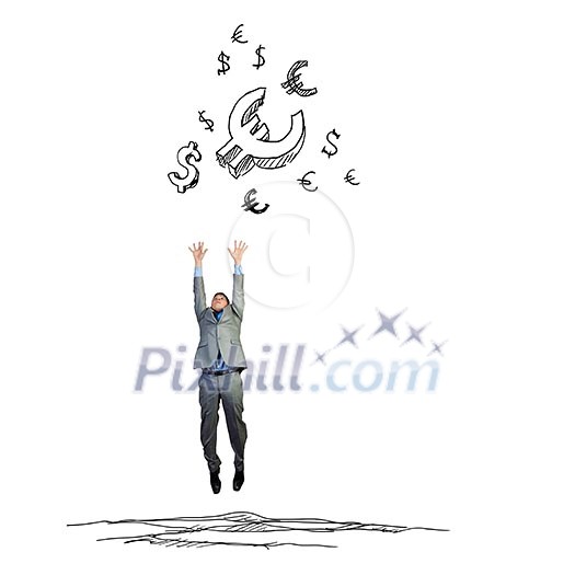 Young businessman jumping to catch euro symbols. Currency concept