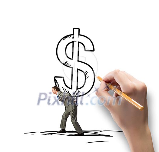 Young businessman carrying big drawn dollar symbol Young businessman carrying big drawn dollar symbol