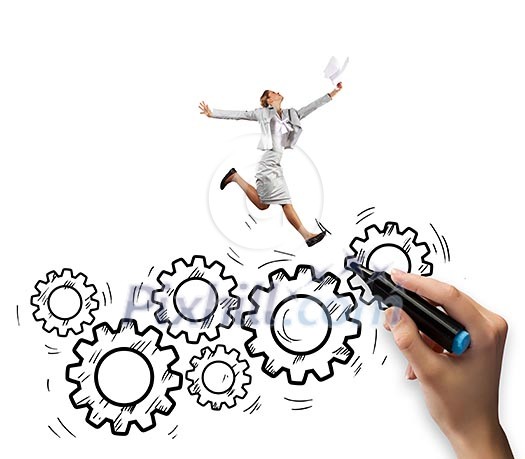 Young businesswoman jumping above hand drawn gears Young businesswoman jumping above hand drawn gears