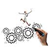 Young businesswoman jumping above hand drawn gears