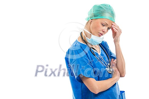Portrait of a female doctor/surgeon feeling down, exhausted, frustrated, very tired, .... on white background