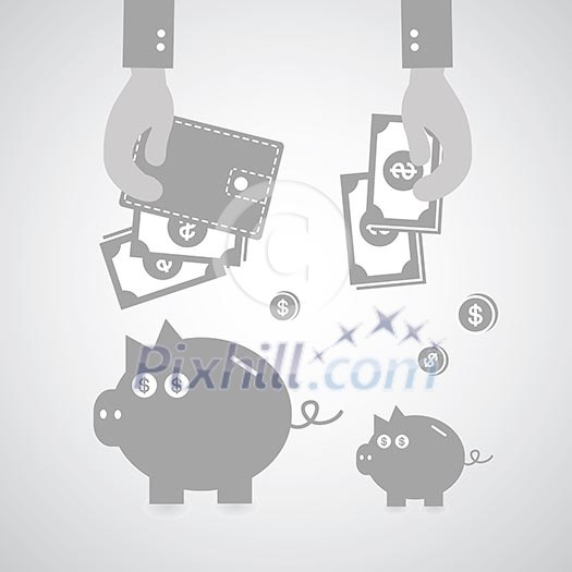 Piggy bank and wallet on gray background