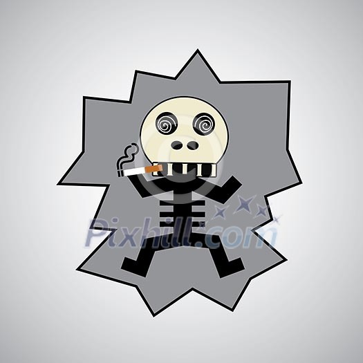 Skull with a cigarette on gray background