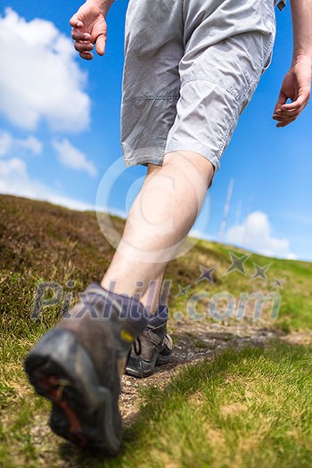 Young man hiking on a lovely sunny day, going uphill