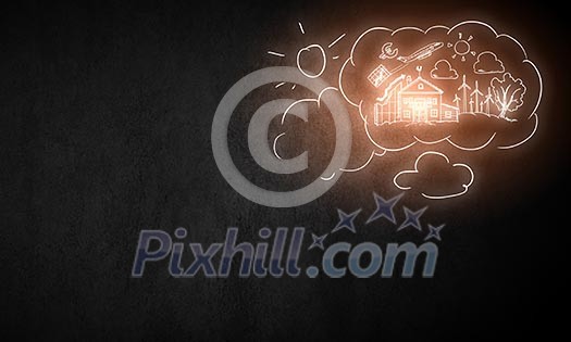 Background image with life concepts on dark wall Background image with life concepts on dark wall